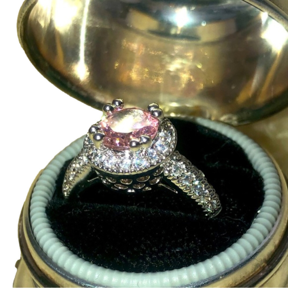 SILVER Tone Simulated Pink Sapphire Halo Ring Filigree Setting Costume Ring 7.25
